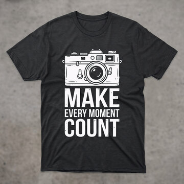 Black t-shirt mock-up featuring a vintage camera illustration with inspirational quote "MAKE EVERY MOMENT COUNT" printed in bold white text.