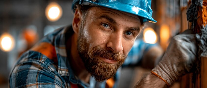 A focused male construction worker in safety gear looks intently forward with a rugged blue hard hat and dirty gloves against a.