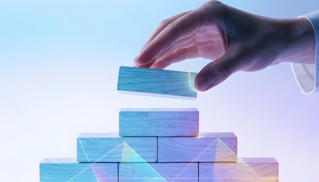Business development strategy and building foundation concepts. Growth planning and corporate success. Hand placing a wooden block on top of a stacked pyramid structure