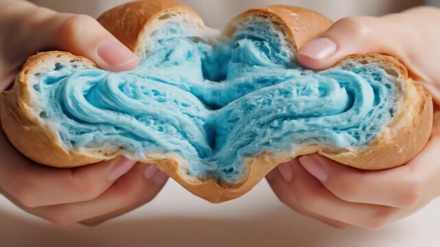 Hands pulling apart a fluffy loaf of blue cloud bread to reveal a soft cotton candy texture
