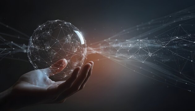 Global community control and world wide communication system. Cyber tech business infrastructure concept. Human hand holding glass earth globe sphere with connecting plexus lines