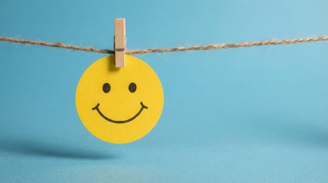 Minimalist composition of a yellow smiley face note attached to a rope over a blue surface.