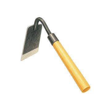 Handled gardening hoe with wooden grip and metal blade isolated on black background for agricultural work and gardening tools