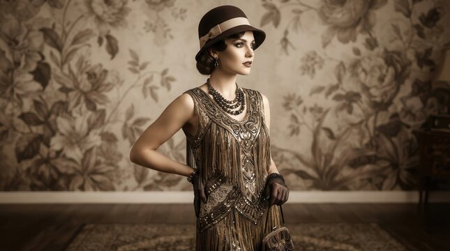Elegant 1920s flapper girl in retro costume standing before a vintage floral pattern.