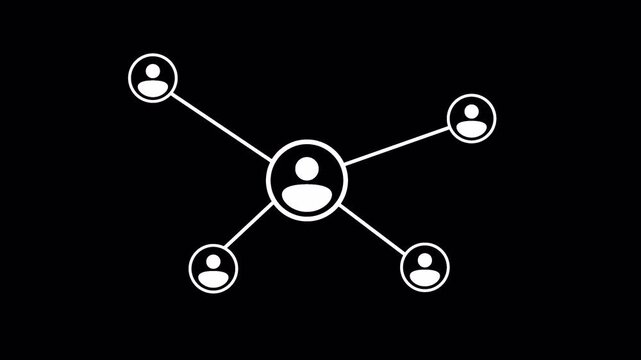 Social network icon animation, white digital connection lines linking people avatars, minimalist communication web on black background