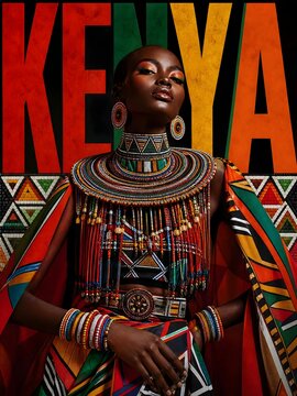 Portrait of a beautiful African woman wearing traditional Maasai beaded jewelry and colorful patterned clothing