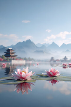 Illustration of traditional Chinese landscape with lotus flowers blooming in summer