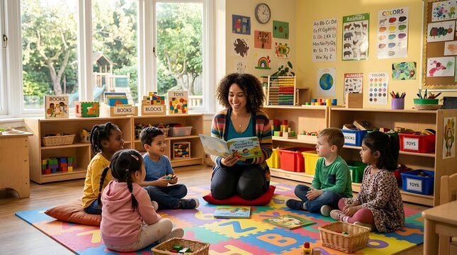 Teacher reading a book to a diverse group of preschool children in a classroom