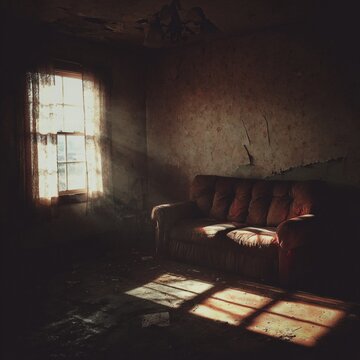 Haunted house interior with light shining on rusty couch