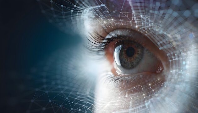 Advanced neural network mesh and visual biometrics interface. Artificial intelligence learning and database tracking. Woman eye looking at digital screen grid line analytics