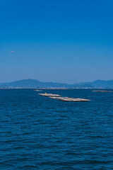 Naklejka premium Floating oyster rafts on calm blue sea with distant mountains under clear sky, showcasing coastal aquaculture, marine landscape, and peaceful waterfront scenery