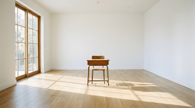 Single wooden school desk and chair in a bright empty room