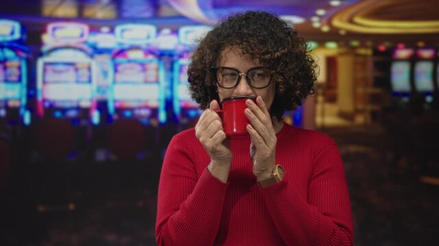 Woman holding red mug with one hand while looking upward near row of slot machines in casino building; serenity.