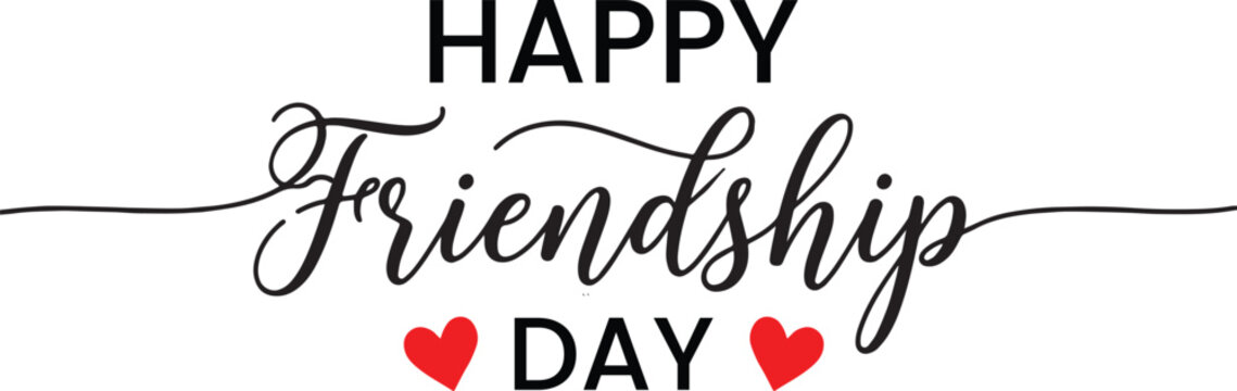 Happy friendship day elegant script lettering with two red hearts illustration for social media post greeting card or banner design celebrating best friends and connection