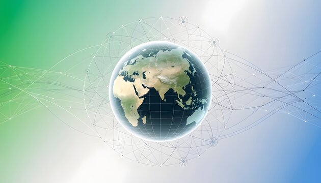 International financial marketplace and distributed server grid nodes. Global secure banking and trading operations. Planet earth globe centered in data wave particle grid connection matrix