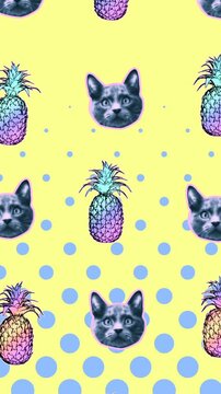 Seamless young vertical video of cartoon style cats and pineapples with duotono colors isolated with copyspace. Stop motion minimal animal art halftone style background.