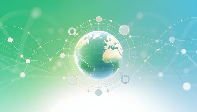Clean corporate green technology and future planet earth map. Eco friendly digital workspace and smart city cloud. Globe sphere standing in front of wave lines circular node ring interface