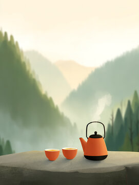 Minimalist mountain outdoor teapot Chinese traditional tea culture concept illustration