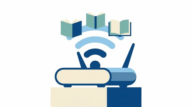 E-learning and Online Education Concept with Wi-Fi Router and Flying Books 