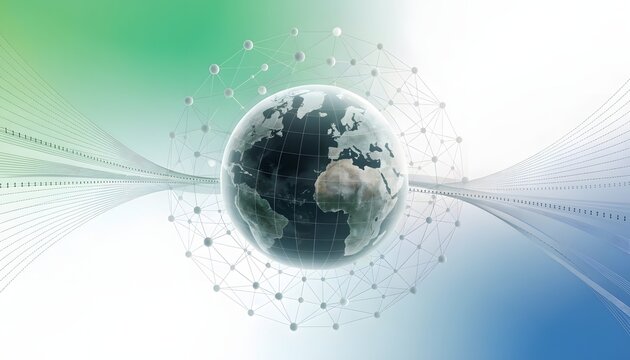 Global data network and cloud computing systems. Planet earth sphere with grid connections. Digital mapping technology showing international communication lines