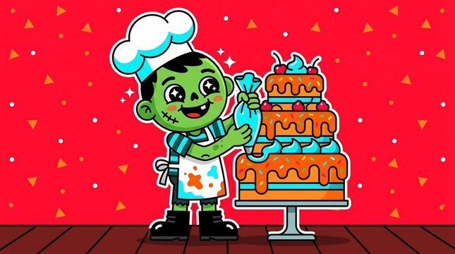 Cute cartoon zombie chef decorating giant tiered cake with frosting 
