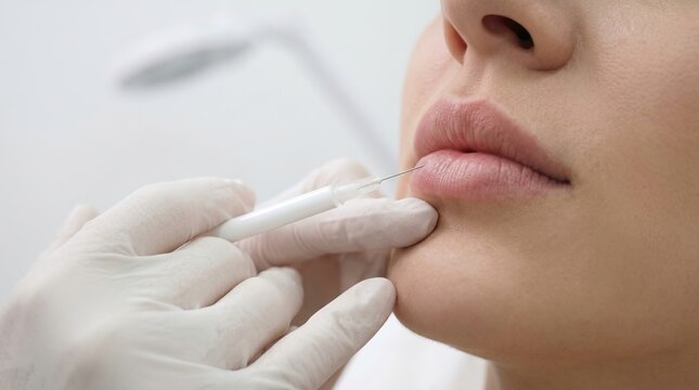 Close up of woman receiving lip filler hyaluronic acid injection in aesthetic clinic