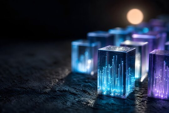Abstract digital data visualization with glowing blue and purple light blocks on dark textured background