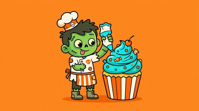 Funny cartoon zombie chef decorating a giant cupcake with orange background, spooky season treat preparation, 