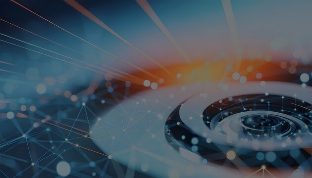 Abstract light wave simulation and data communication stream. Wireless connection tech and server analytics. Digital camera lens focus flare reflection with network particle lines
