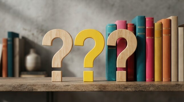 Seeking answers with three large question marks placed in front of many colorful books.