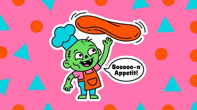 Cute cartoon zombie chef tossing pizza dough with spooky pun 