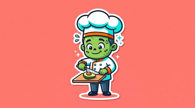 Cute Cartoon Zombie Chef Preparing Fresh Avocado Slices for Culinary Creations 