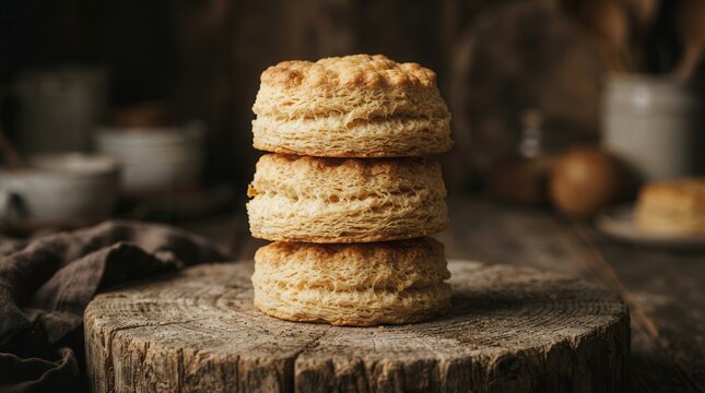 Deliciously flaky and fluffy biscuits stacked on a rustic wooden background.