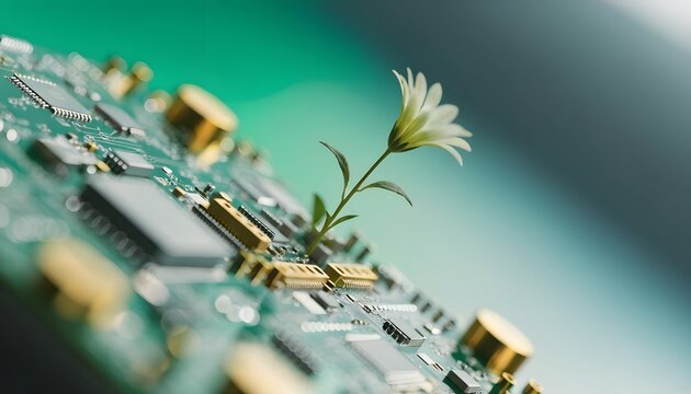 Bio tech engineering design and sustainable circuit motherboard components. Eco friendly technical engineering. White plant flower blooming out of computer hardware card