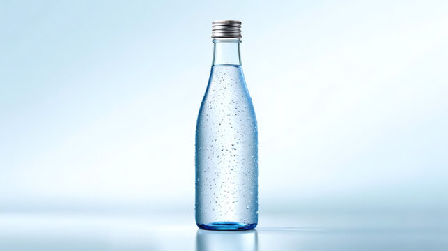 Clear glass bottle of mineral water with condensation drops on a light blue background. Fresh, cold, hydration concept. Studio shot, isolated.