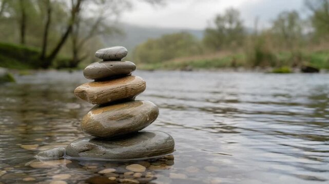 Stacked smooth stones on riverbed water with nature background for relaxation and meditation