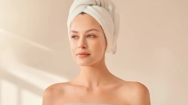 Young woman with towel on head and facial skin analysis grid enjoying skincare routine at home