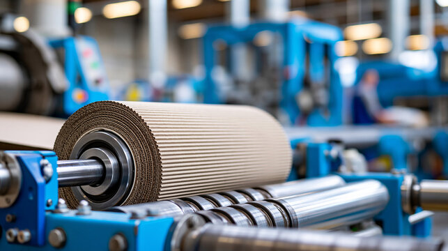 Corrugated cardboard sheet rolling through an industrial packaging production line, automated manufacturing process, with copy space
