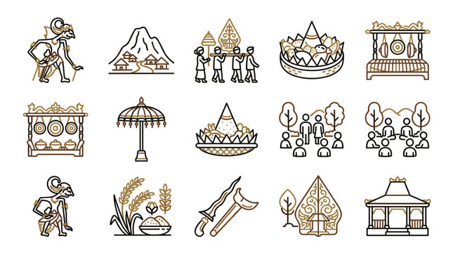 Indonesian Culture Icons: Wayang, Mountains, Traditional Houses, and Ceremony Elements