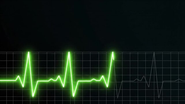 Green electrocardiogram heart rate monitor pulsing on a dark grid with large copy space