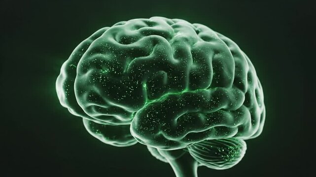 Green glowing human brain model showing neural network activity and cognitive processing