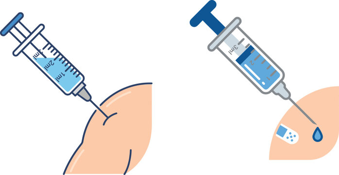 Medical syringe injection and blood drop illustration