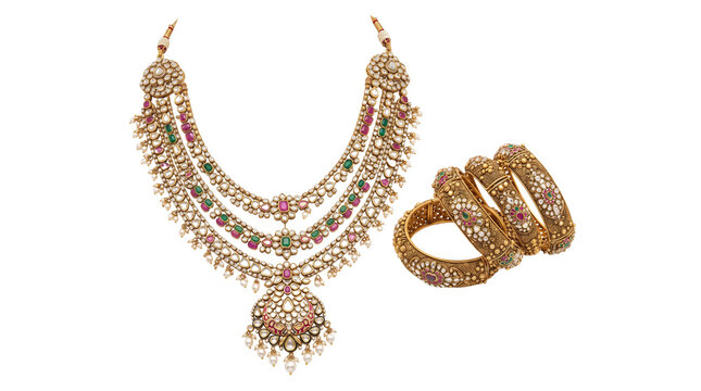Traditional Indian gold jewelry set with necklace and bangles, ornate bridal jewelry with emeralds and rubies, luxury ethnic wedding accessories