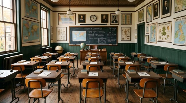 Vintage classroom interior with wooden desks and educational maps