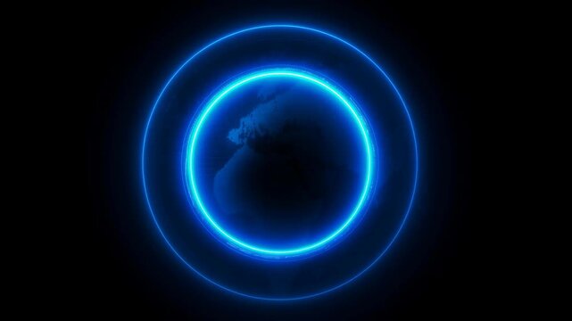 Glowing blue neon circle with futuristic light effects on dark background for technology and science concepts