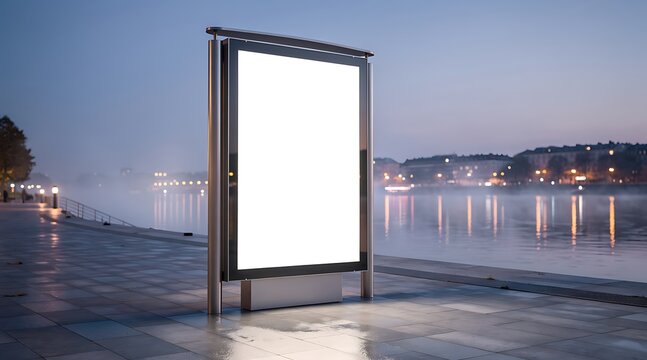 Blank billboard display at night by the water with city lights reflection.