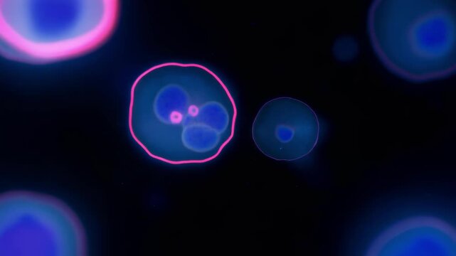 Microscopic view of glowing cells with neon outlines in dark background showcasing cell biology and microbiology concepts