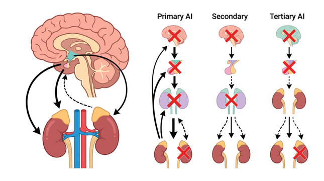 Medical Diagram of Adrenal Insufficiency showing HPA axis dysfunction levels, ideal for endocrinology education and medical presentations.