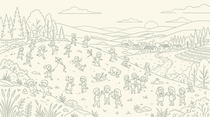 Obraz premium Children Playing Outdoors on a Sunny Hillside