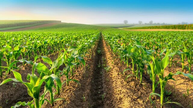 Young green corn plants growing in fertile farmland under clear sky with morning sunlight